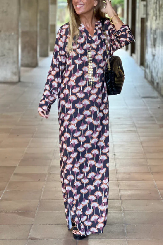 Printed V Neck Long Sleeve Maxi Dress