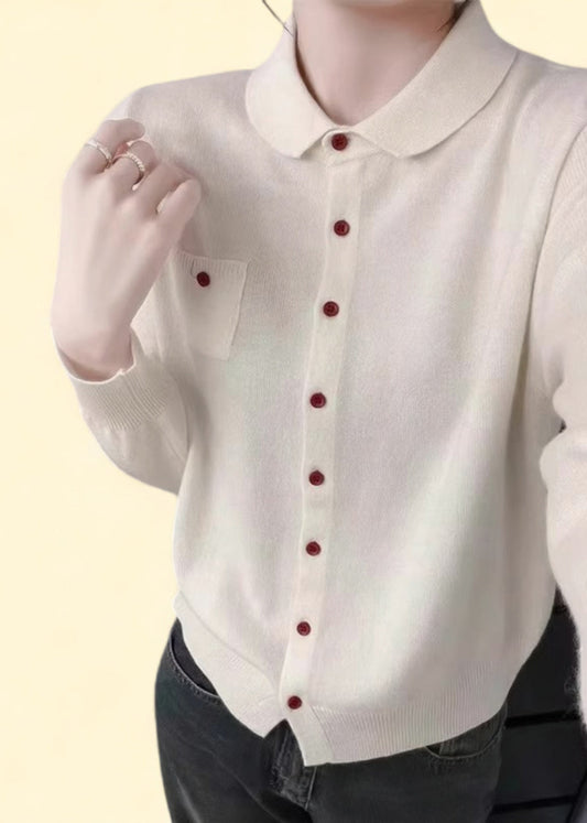Handmade White Peter Pan Collar Pockets Cotton Knitted Cardigans Fall Qp009