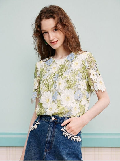 Boutique Green O-neck Hollow Out Embroidery Short Sleeve Blouse