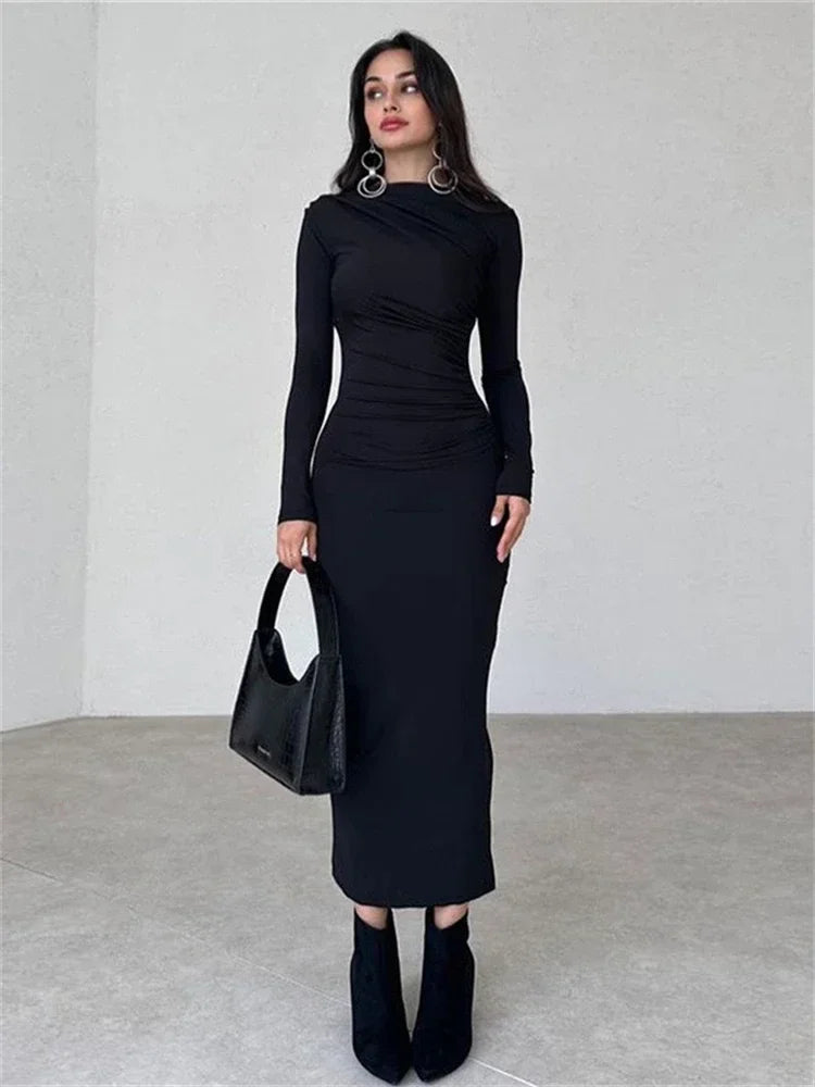 Pleated Long Sleeved Slim Maxi Dress – Off-shoulder Bodycon Gown