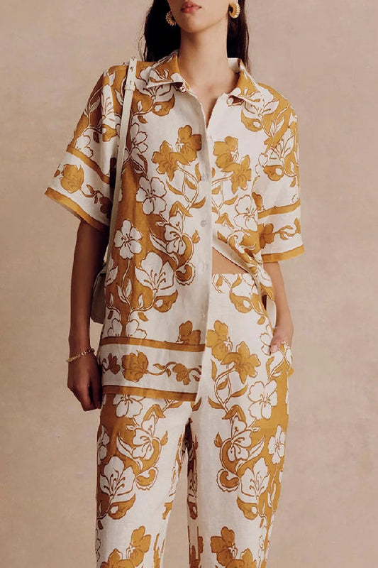Print Short Sleeve Shirt Top and Elastic Waist Loose Pocket Pants Set