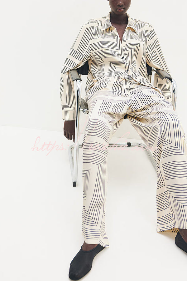 Unique Print Lapel Long Sleeve Loose Shirt and Elastic Waist Pocket Wide Leg Pants Set