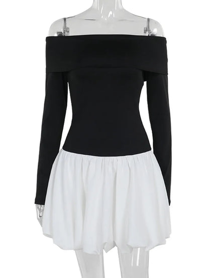 Off-shoulder Long Sleeve Mini Dress for Contrast Color Patchwork Strapless Backless A-line Dress