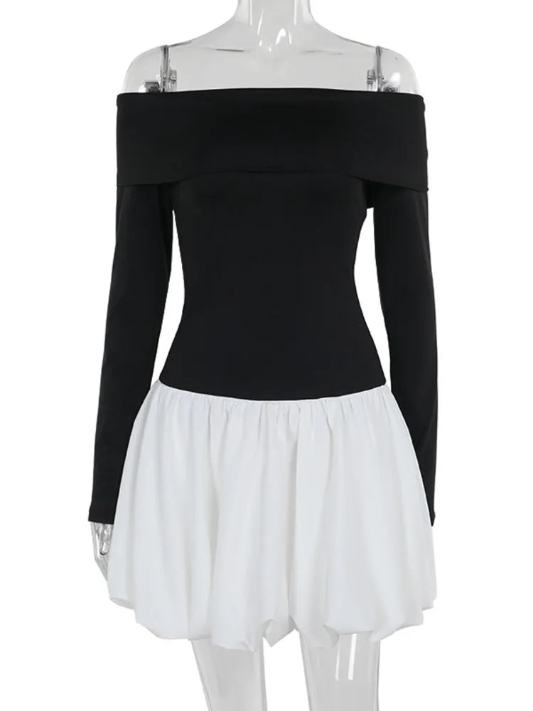 Off-shoulder Long Sleeve Mini Dress for Contrast Color Patchwork Strapless Backless A-line Dress