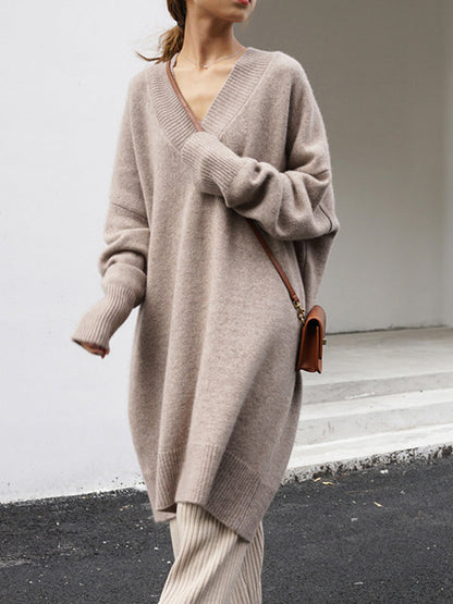 Stylish Loose Camel V-neck Long Sleeve Sweater Dress Qx006