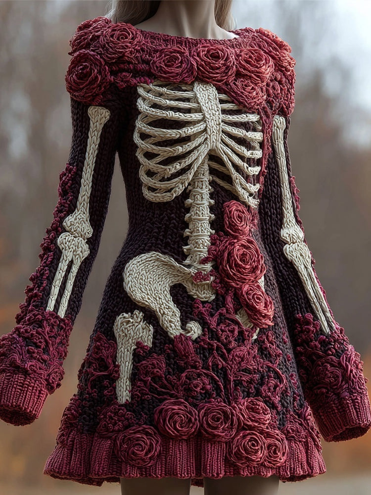 Comstylish Vintage Skeleton Roses Crew Neck Cozy Sweater Dress