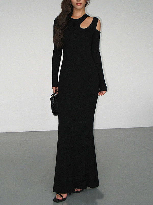 Long Sleeves Skinny Hollow Color Cold Shoulder Maxi Dresses