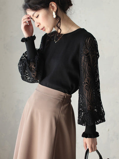 Tempermant Black Round-neck Patchwork Hollow Lace Long Puff Sleeves Sweater Qx011