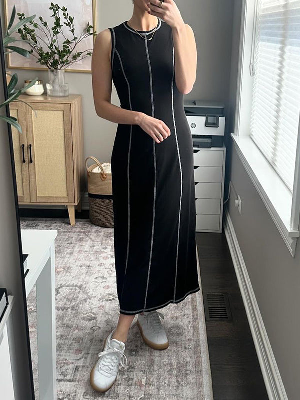 A-line Sleeveless Split-joint Striped Round-neck Maxi Dresses
