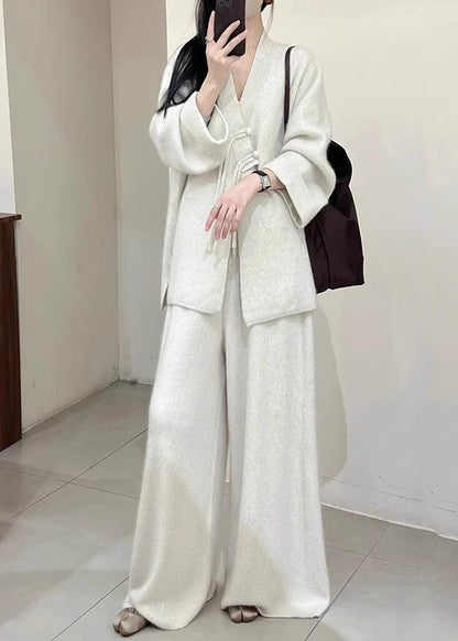 Brief Light Grey V Neck Button Knit Coats and Pants Two Piece Set Fall Wv028