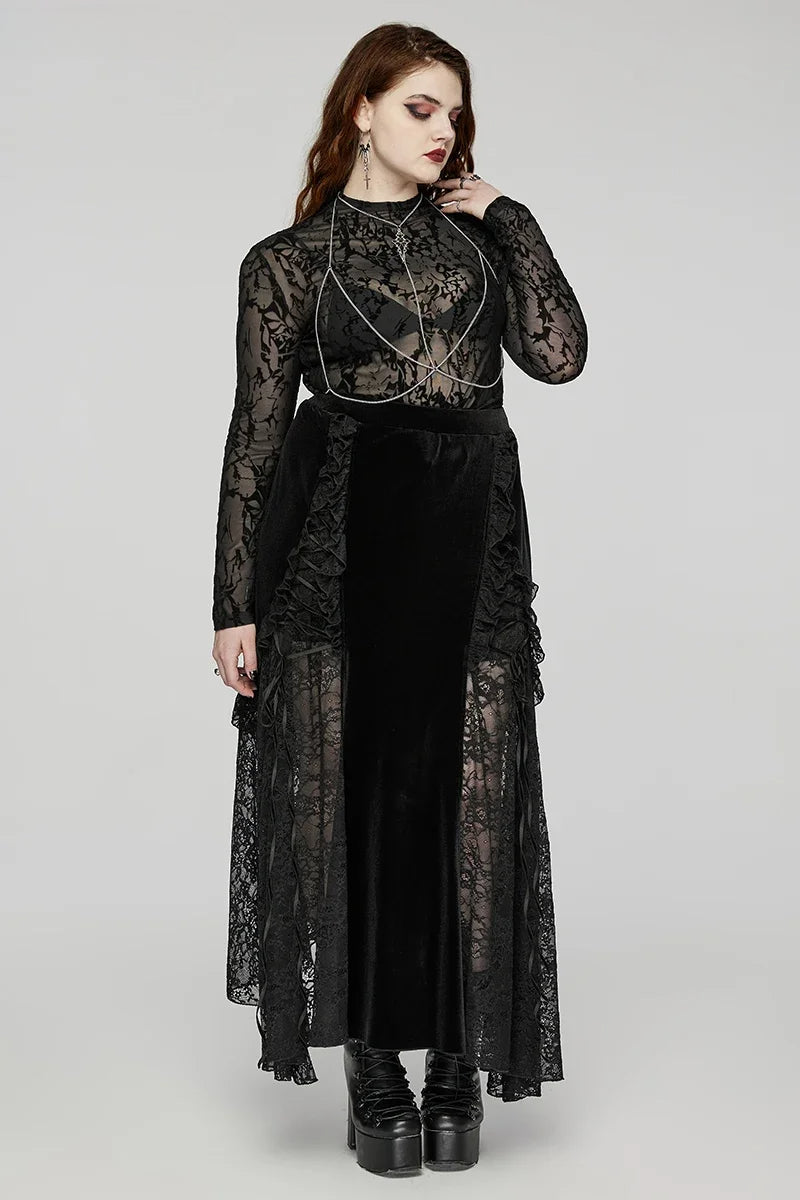 Gothic Staggered Lace Patchwork Ruffled Velvet Party Club Black Long Skirt