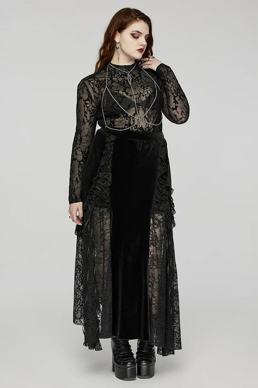 Gothic Staggered Lace Patchwork Ruffled Velvet Party Club Black Long Skirt