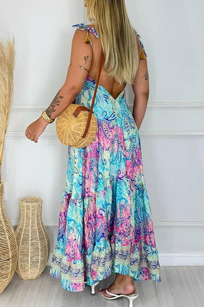 Style Unique Print V-neck Suspender Holiday Maxi Dress