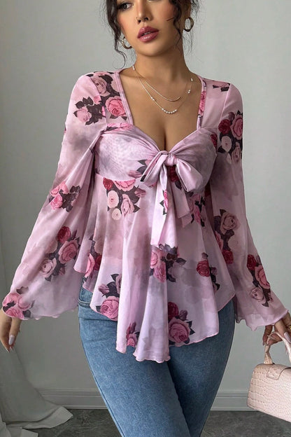 Tie Dye Square Neck Tie Long Sleeve Blouse