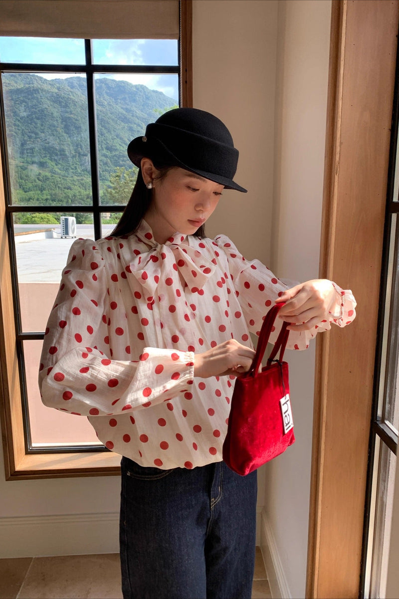 Polka Dot Tie-waist Long-sleeve Sweet Blouse