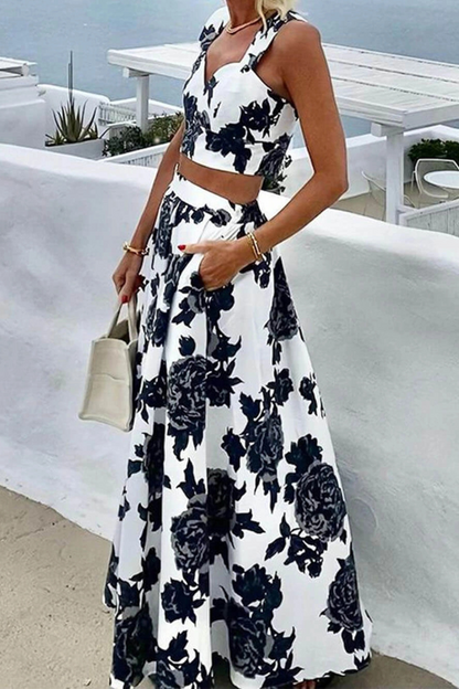 Printed Suspender Top and Skirt Two-piece Set