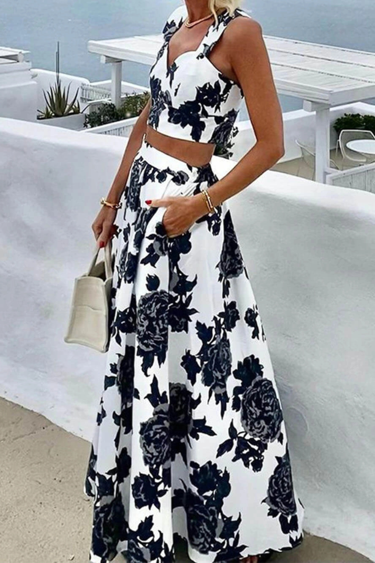 Printed Suspender Top and Skirt Two-piece Set