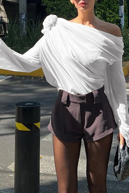 Three Dimensional Flower Tulle Off Shoulder Long Sleeved Blouse