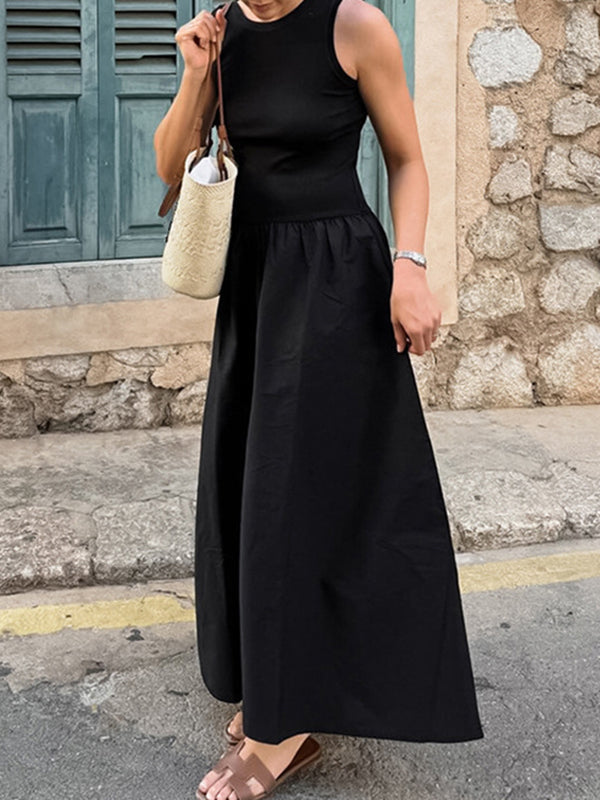 A-line Sleeveless Color Split-joint Round-neck Maxi Dresses
