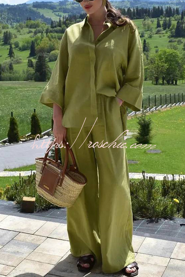 Color Loose Shirt and Elastic Waist Pocket Wide Leg Pants Set