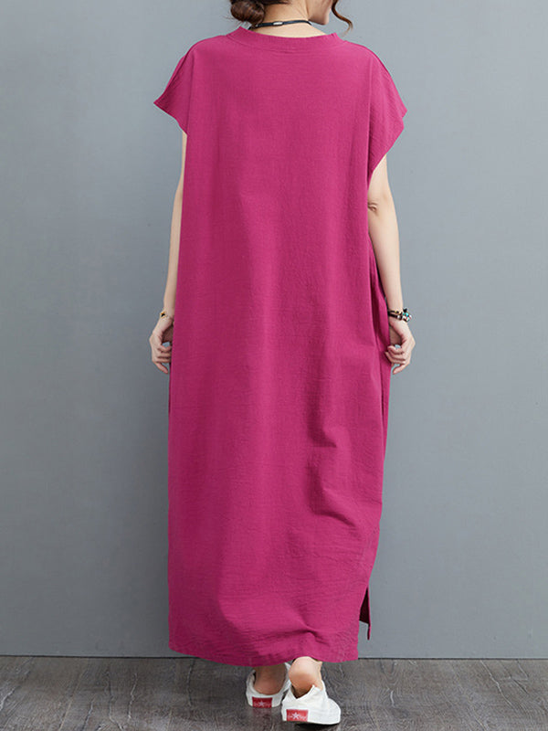 Simple Ramie Cotton Color Split-side With Pocket V-neck Short Sleeves Maxi Dress