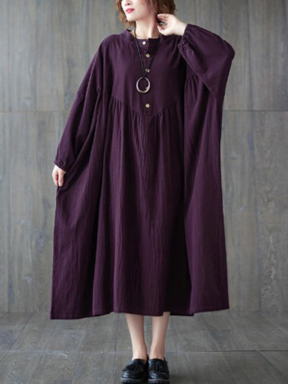 Loose Puff Sleeves Pleated Color Stand Collar Midi Dresses