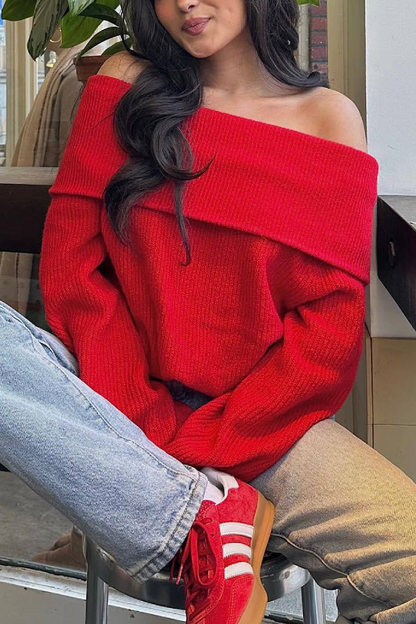 Slim Fit Color Pullover Sweater With Off-shoulder Neckline