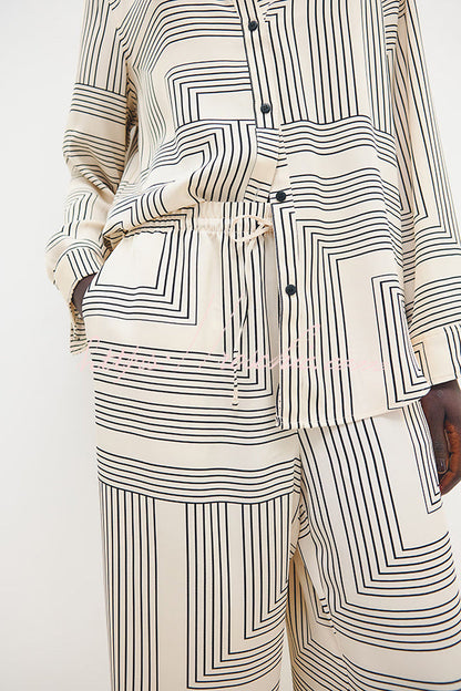 Unique Print Lapel Long Sleeve Loose Shirt and Elastic Waist Pocket Wide Leg Pants Set