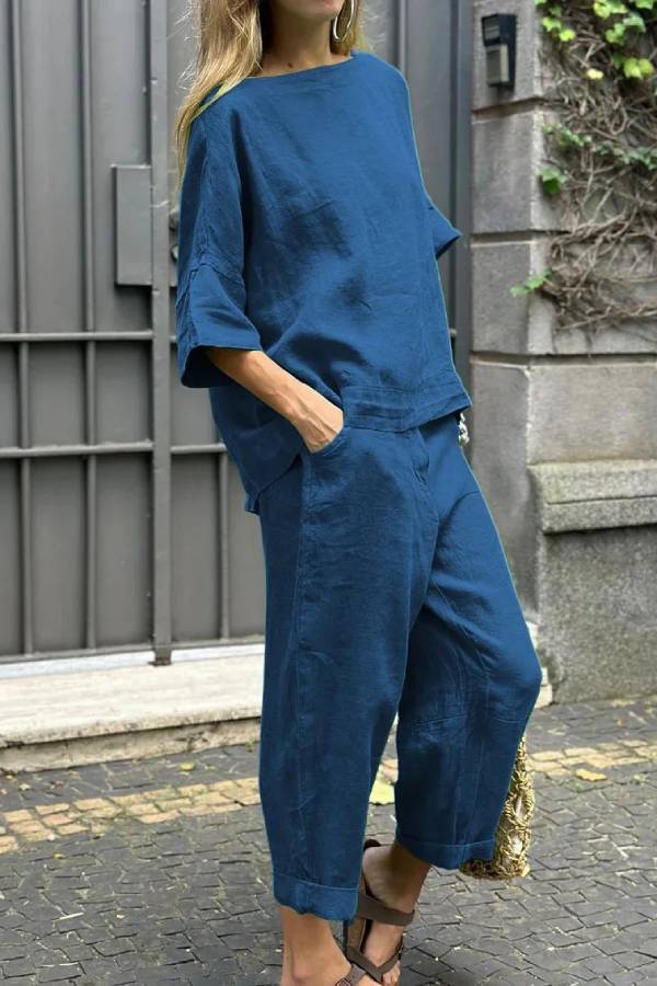 Color Crewneck Top \u0026 Pants Cotton Linen Two-piece Set
