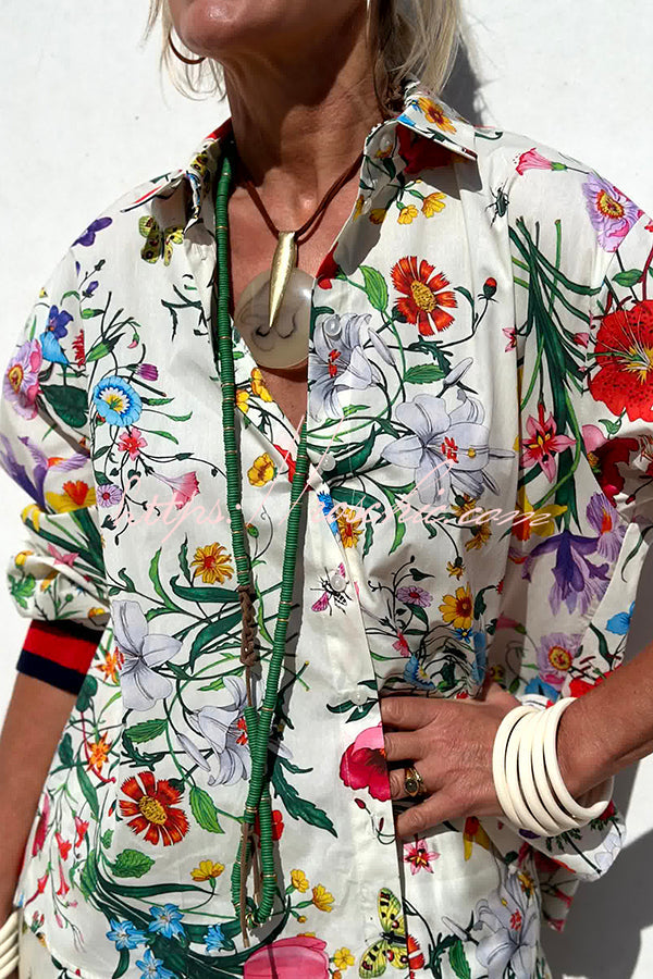 Fabulous Fiesta Satin Unique Print Button Down Oversized Blouse