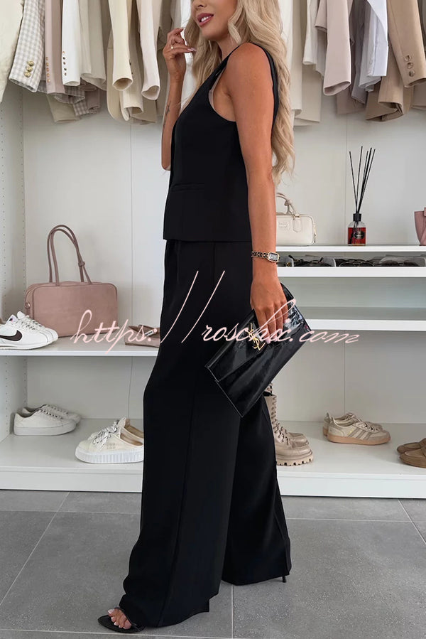 Workplace Sleeveless Button Vest and Relaxed Pocket Wide Leg Pants Set