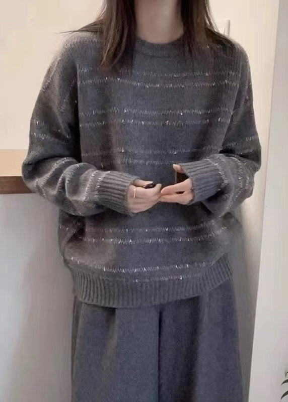 Dark Grey O-neck Striped Wool Knit Sweater Fall Qp020