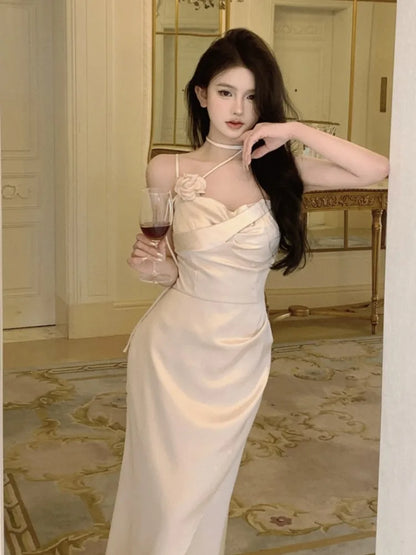 Satin Midi Dress Spaghetti Strap Bodycon 3d Flower High Waist Slim Evening Party One Piece Lady Vestidos