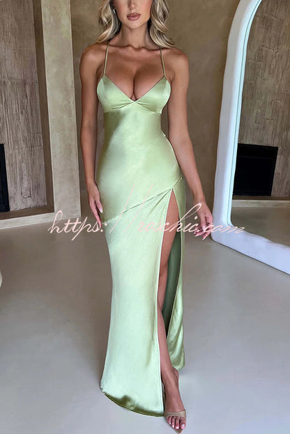 Satin Color Backless Lace Up High Slit Maxi Dress