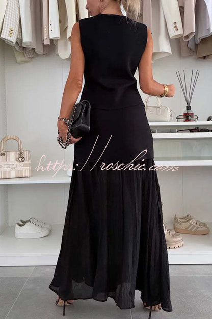 Stylish and Knit Spliced Tulle Elastic Waist Pleated Maxi Skirt