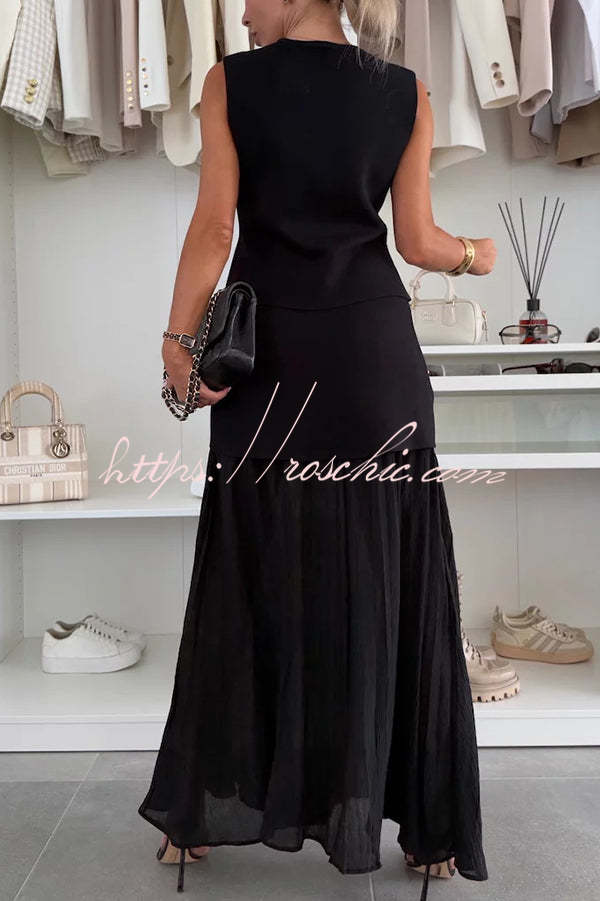 Stylish and Knit Spliced Tulle Elastic Waist Pleated Maxi Skirt