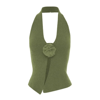 Woolen Halter Neck Sleeveless T-shirts for Clothing Flower Slim Crop Top Femme Vacation Vest