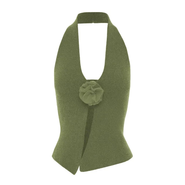 Woolen Halter Neck Sleeveless T-shirts for Clothing Flower Slim Crop Top Femme Vacation Vest