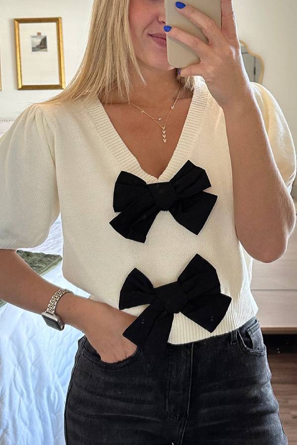 V-neck Short-sleeved Double Bow Color Sweater