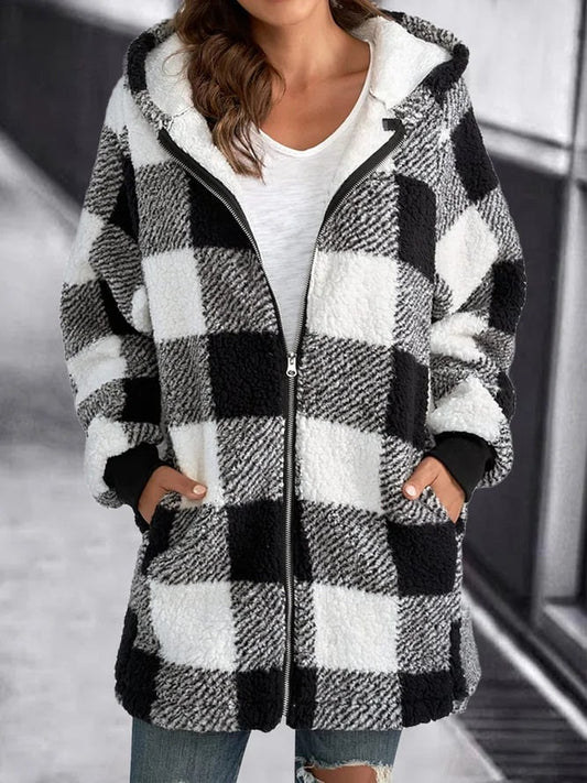 Oversized Hoodie Plaid Loose Overcoat