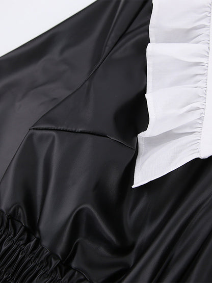 Loose Puff Sleeves Elasticity Pleated Split-joint Peter Pan Collar Mini Dresses