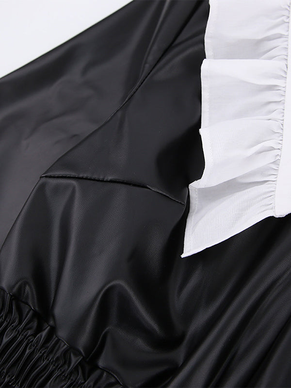 Loose Puff Sleeves Elasticity Pleated Split-joint Peter Pan Collar Mini Dresses