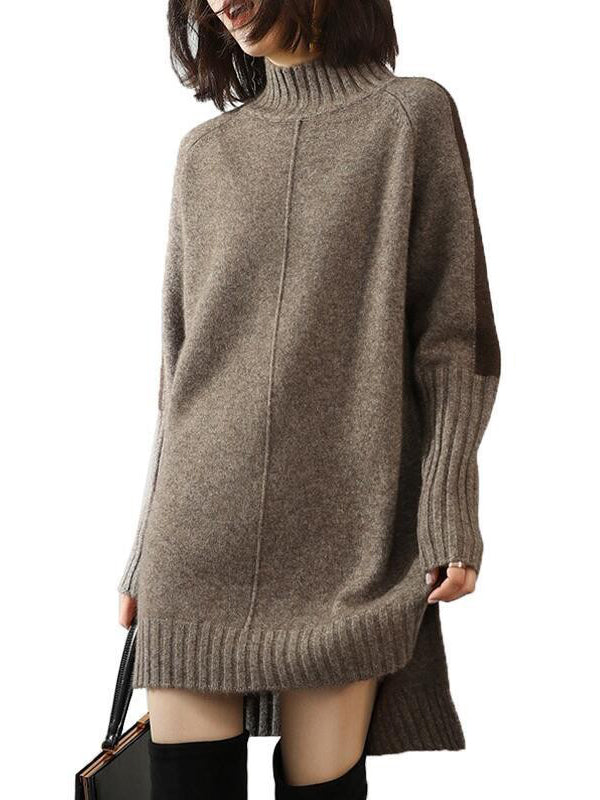 Urban Camel Half Turtleneck Contrast Color Long Sleeve Knit Sweater Dress An1068