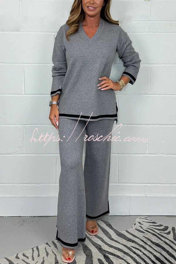 Color V-neck Long-sleeved Loose Top and Elastic Waist Wide-leg Pants Set