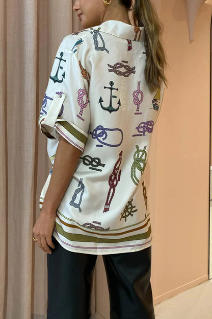 Sail Away Satin Unique Nautical Motifs Print Button Down Pocket Oversized Blouse