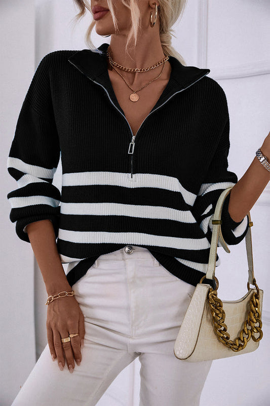 V Neck Collar Ribbed Knitted Stripe Pullover Sweater