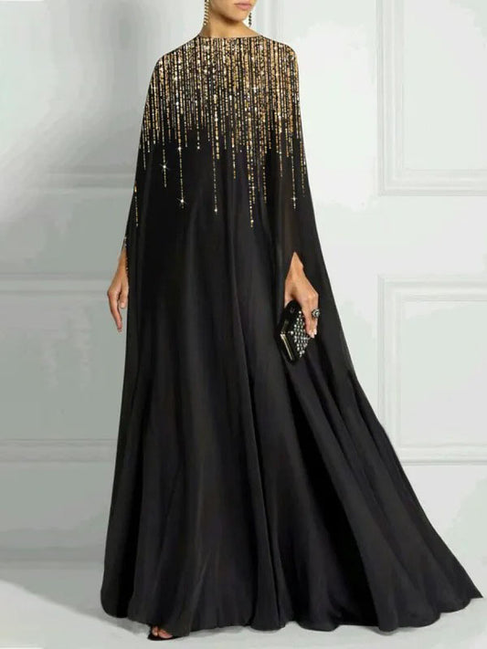 Long Sleeves Loose Rhinestone Round-neck Maxi Dresses