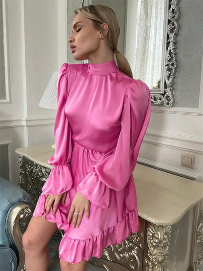 Ruffled Lace-up Slim Mini Dress Long Sleeve Patchwork Dress