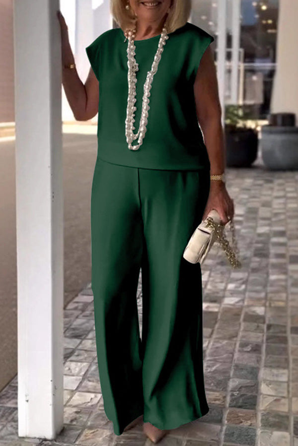 Color Crew Neck Sleeveless Top and Pocket Straight Leg Pants Set