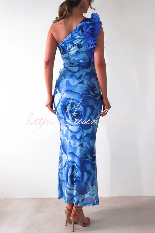 Print Sleeveless 3d Flower One Shoulder Slim Maxi Dress